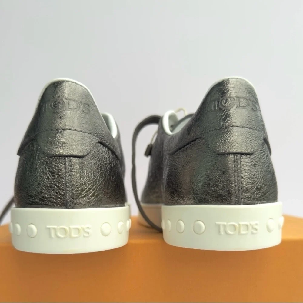 Tod's Women’s Metallic Gunmetal Silver Perforated Leather Low Top Sneakers NEW